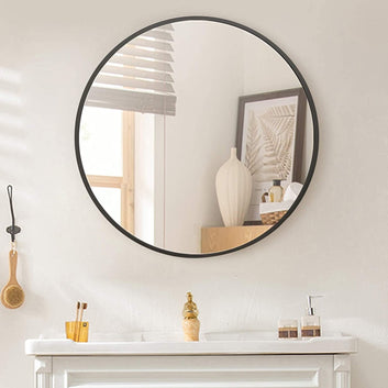 BEAUTYPEAK 24” Round Wall Mirror - Black Wall-Mounted Bathroom Mirror