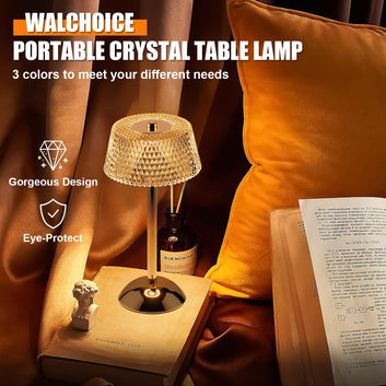 Walchoice Cordless Crystal Table Lamp - 3-Color Dimmable Touch LED, Gold