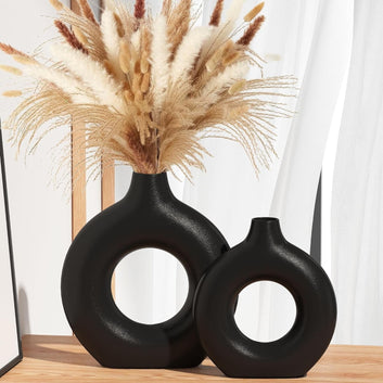 Set of 2 Black Ceramic Donut Vases - Boho Nordic Minimalist Decor for Home & Office