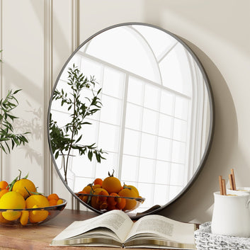 BEAUTYPEAK 24” Round Bathroom Wall Mirror - Classic Black Hanging Design