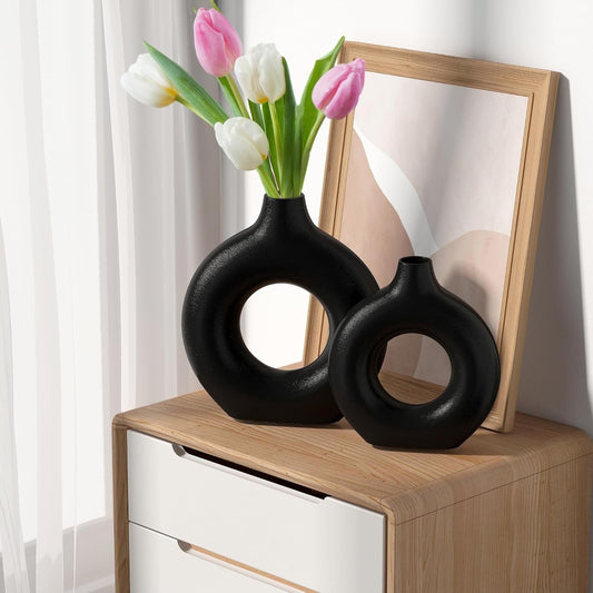 Set of 2 Black Ceramic Donut Vases - Boho Nordic Minimalist Decor for Home & Office