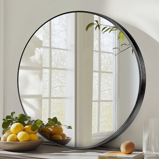 EDX 24” Round Wall Mirror - Black Aluminum Frame with Hanging Hooks