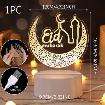 Eid Mubarak 3D LED Lamp – Ramadan Night Light with Moon & Star Design