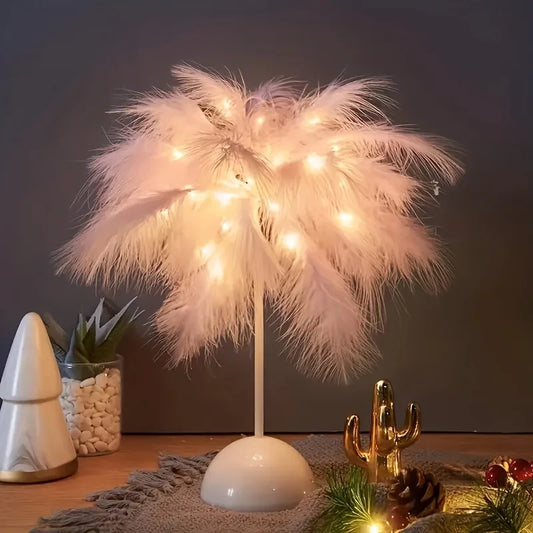 Creative Feather Table Lamp – Warm White LED Light with Tree Feather Lampshade, Perfect for Wedding, Birthday Gifts & Home Decor