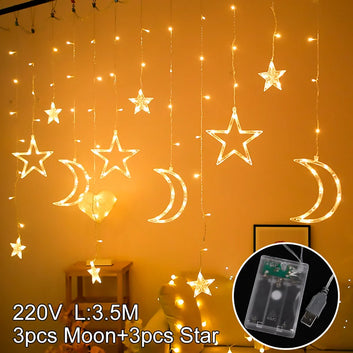 Moon Star Ramadan LED Curtain Garland – Festive Fairy Lights for Eid Mubarak, Ramadan