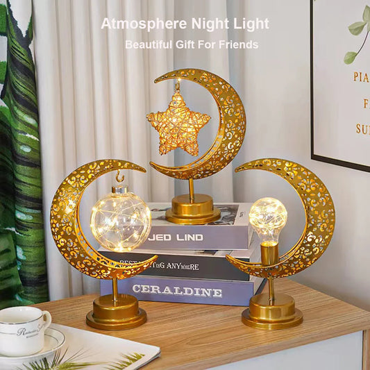 Golden Moon Star Night Light – Muslim Ramadan Festival Decoration Table Lamp for Holiday & Christmas Atmosphere Lighting