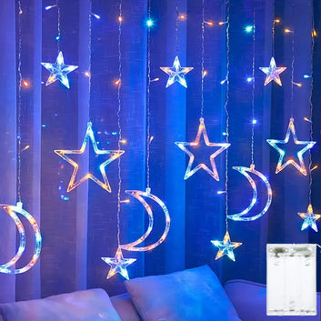 3.5M Star Moon LED Curtain String Lights – Battery Powered Fairy Garland for Christmas