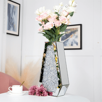 SHYFOY 15” Crushed Diamond Mirrored Glass Vase - Elegant Centerpiece Decor