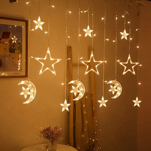 Moon Star Ramadan LED Curtain Garland – Festive Fairy Lights for Eid Mubarak, Ramadan