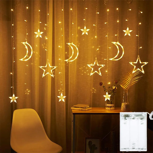 3.5M Star Moon LED Curtain String Lights – Battery Powered Fairy Garland for Christmas