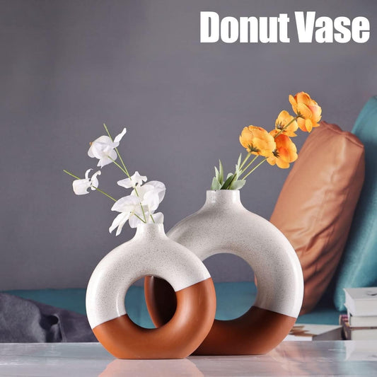 Set of 2 White Ceramic Donut Vases - Modern Boho Farmhouse Decor for Home