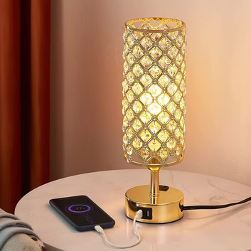 Touch Control Crystal Table Lamp - 3-Way Dimmable with USB Ports & Bulb Included