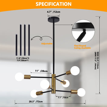 LISUNAR 6-Light Sputnik Chandelier - Black & Gold Modern Fixture