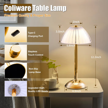 Coliware Cordless Crystal Table Lamp - Rechargeable 3-Color Dimmable LED with USB Port, Gold