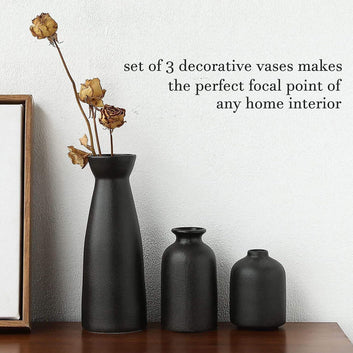 Wallfire Set of 3 Black Ceramic Vases - Modern Boho Decor for Flowers & Pampas